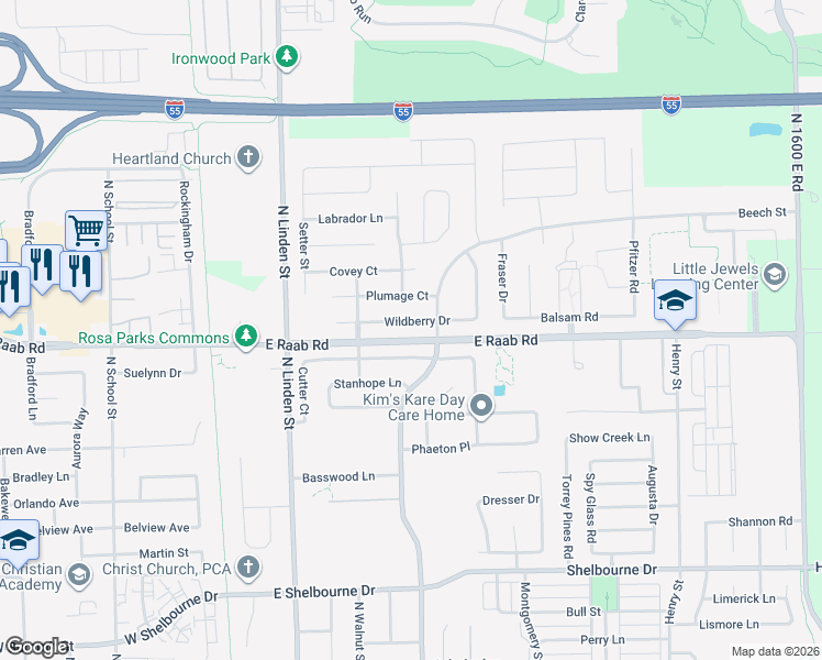 map of restaurants, bars, coffee shops, grocery stores, and more near 504 Carriage Hills Road in Normal