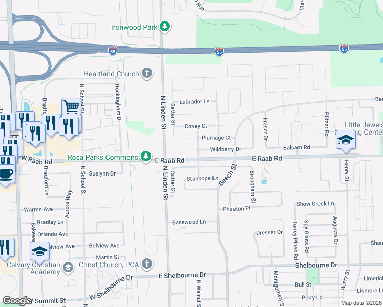 map of restaurants, bars, coffee shops, grocery stores, and more near 300 Carriage Hills Road in Normal