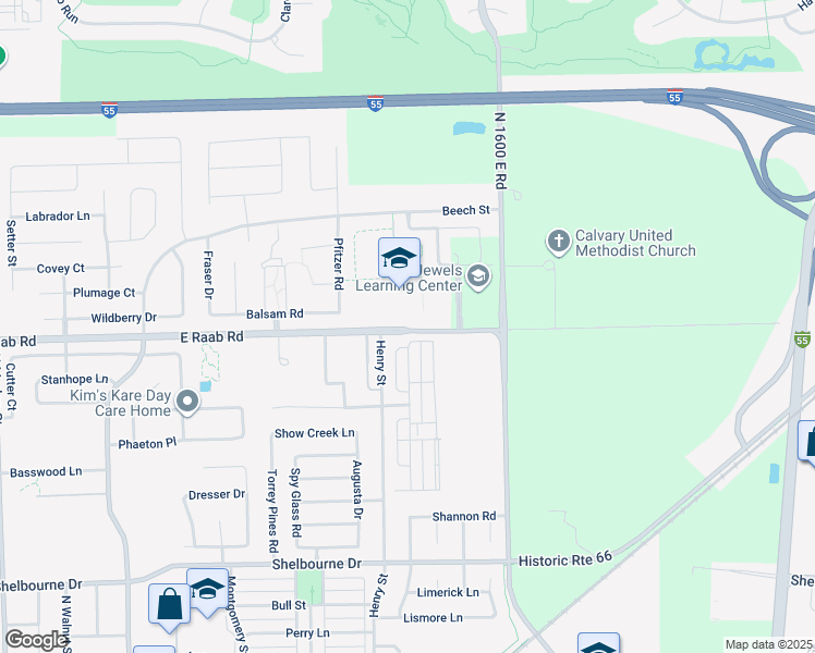 map of restaurants, bars, coffee shops, grocery stores, and more near 1300 East Raab Road in Normal