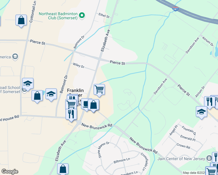 map of restaurants, bars, coffee shops, grocery stores, and more near 425 Elizabeth Avenue in Franklin Township