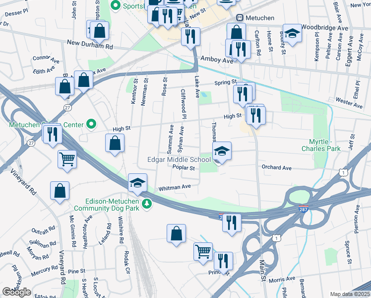 map of restaurants, bars, coffee shops, grocery stores, and more near 10 Park Place in Metuchen