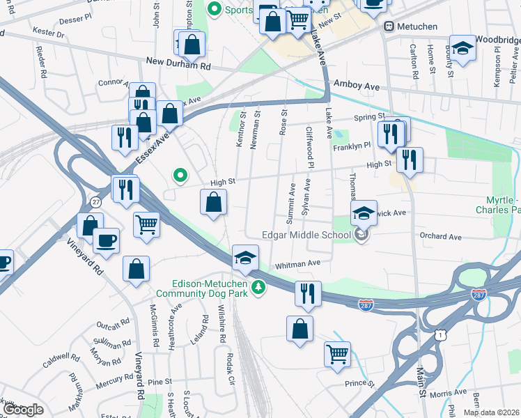 map of restaurants, bars, coffee shops, grocery stores, and more near 230 Newman Street in Metuchen
