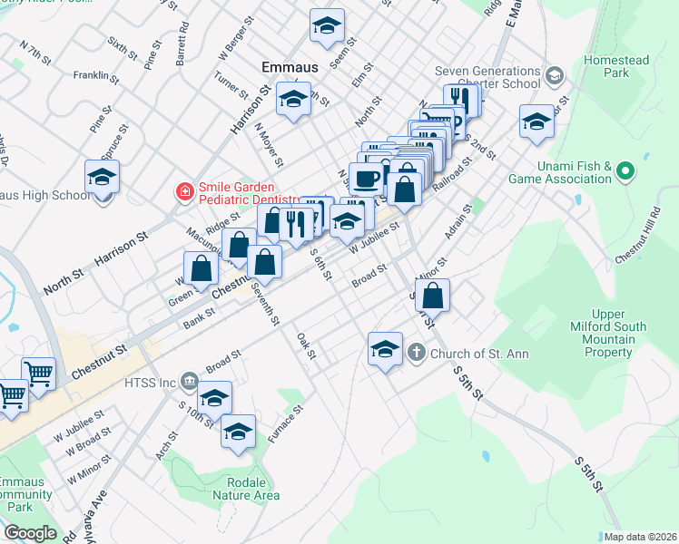 map of restaurants, bars, coffee shops, grocery stores, and more near 50 South 6th Street in Emmaus