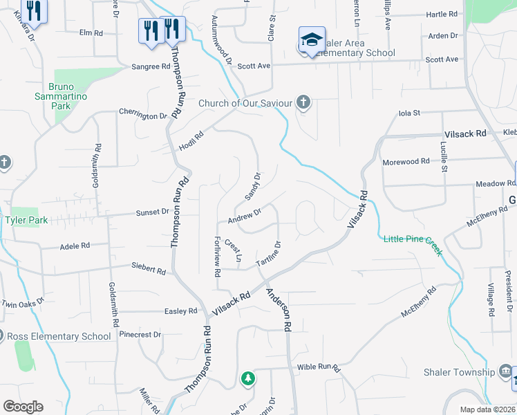 map of restaurants, bars, coffee shops, grocery stores, and more near 202 Sandy Drive in Glenshaw
