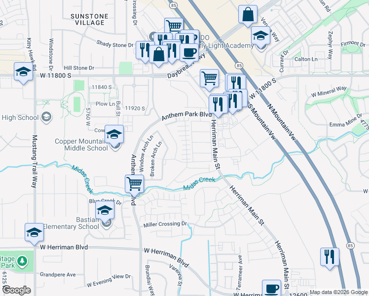 map of restaurants, bars, coffee shops, grocery stores, and more near 5398 Merced River Pl in Herriman