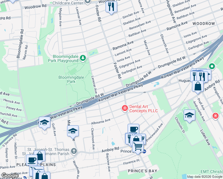 map of restaurants, bars, coffee shops, grocery stores, and more near 1834 Drumgoole Road West in Staten Island