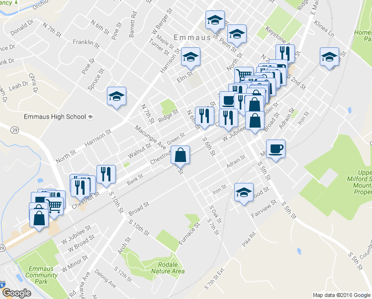 map of restaurants, bars, coffee shops, grocery stores, and more near 650 Chestnut Street in Emmaus