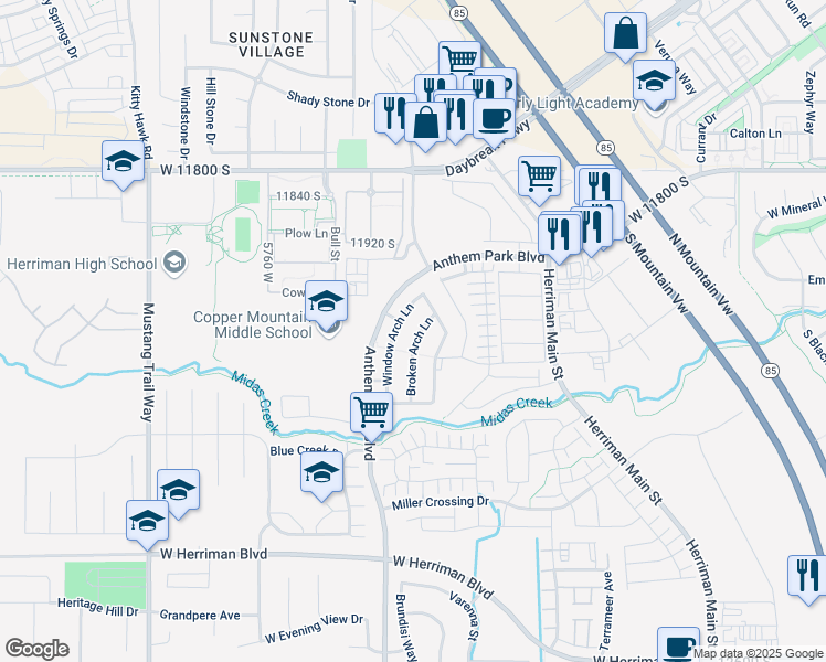 map of restaurants, bars, coffee shops, grocery stores, and more near 12102 Broken Arch Lane in Herriman