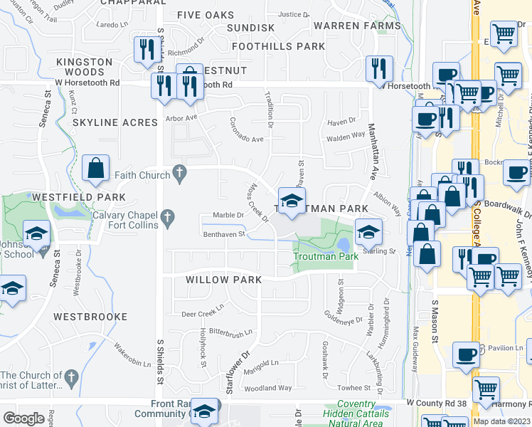 map of restaurants, bars, coffee shops, grocery stores, and more near 4025 Benthaven Street in Fort Collins