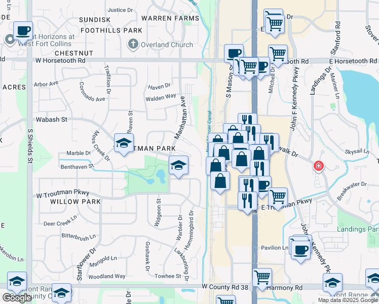 map of restaurants, bars, coffee shops, grocery stores, and more near 324 Mapleton Court in Fort Collins