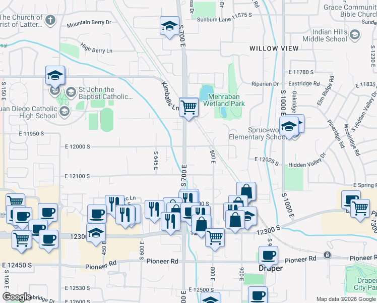 map of restaurants, bars, coffee shops, grocery stores, and more near 12070 700 East in Draper