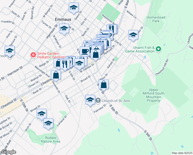 map of restaurants, bars, coffee shops, grocery stores, and more near 517 Minor Street in Emmaus