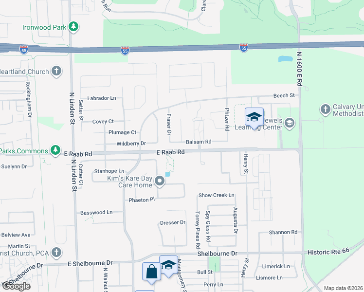 map of restaurants, bars, coffee shops, grocery stores, and more near 821 East Raab Road in Normal