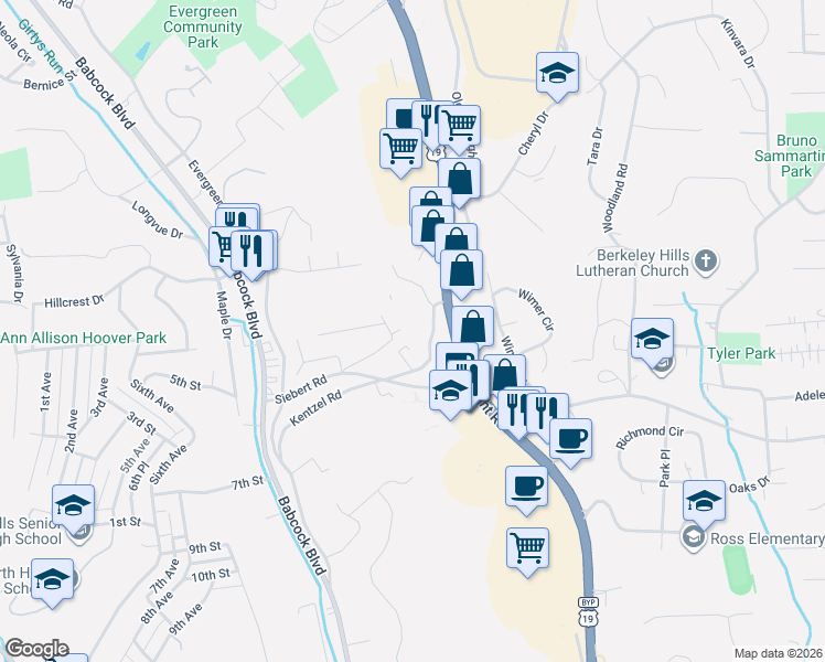 map of restaurants, bars, coffee shops, grocery stores, and more near 141 Kentzel Road in Pittsburgh