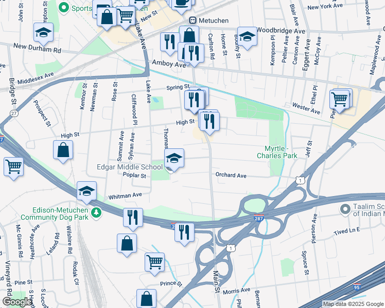 map of restaurants, bars, coffee shops, grocery stores, and more near 45 Brunswick Avenue in Metuchen