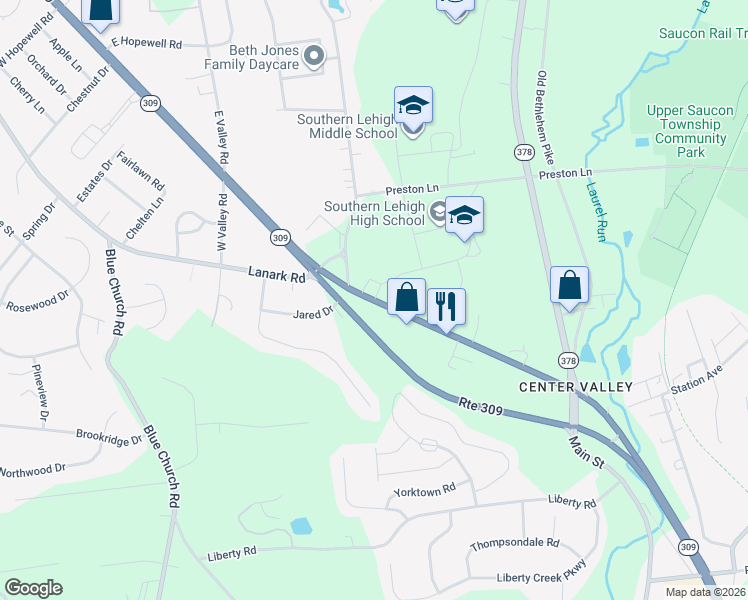 map of restaurants, bars, coffee shops, grocery stores, and more near 5800 Main Street in Center Valley