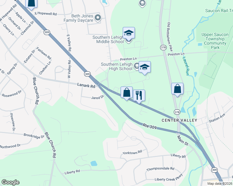 map of restaurants, bars, coffee shops, grocery stores, and more near 5800 Main Street in Center Valley