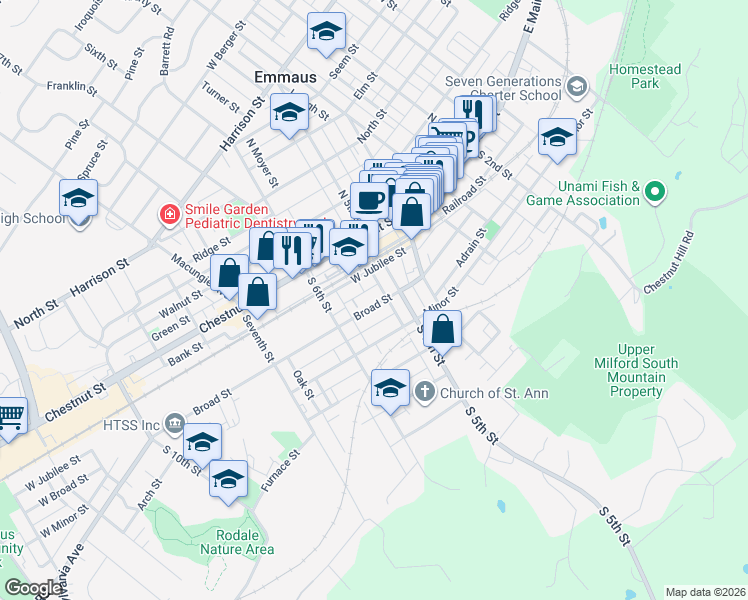 map of restaurants, bars, coffee shops, grocery stores, and more near 527 Broad Street in Emmaus