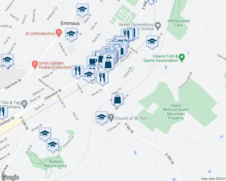 map of restaurants, bars, coffee shops, grocery stores, and more near 390 Broad Street in Emmaus