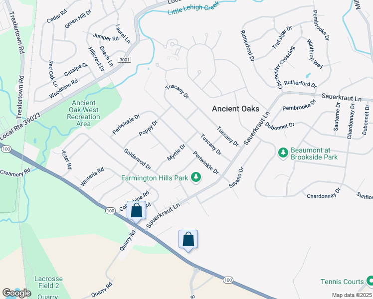 map of restaurants, bars, coffee shops, grocery stores, and more near 7129 Myrtle Drive in Macungie