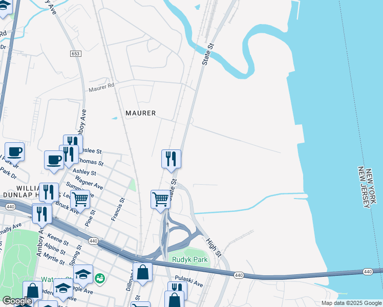 map of restaurants, bars, coffee shops, grocery stores, and more near 1130 State Street in Perth Amboy