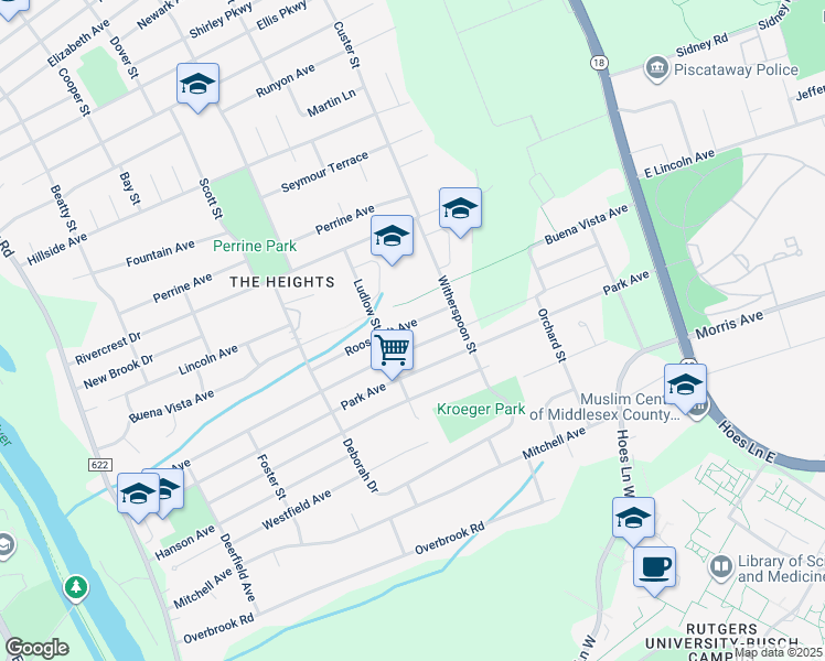 map of restaurants, bars, coffee shops, grocery stores, and more near 431 Roosevelt Avenue in Piscataway