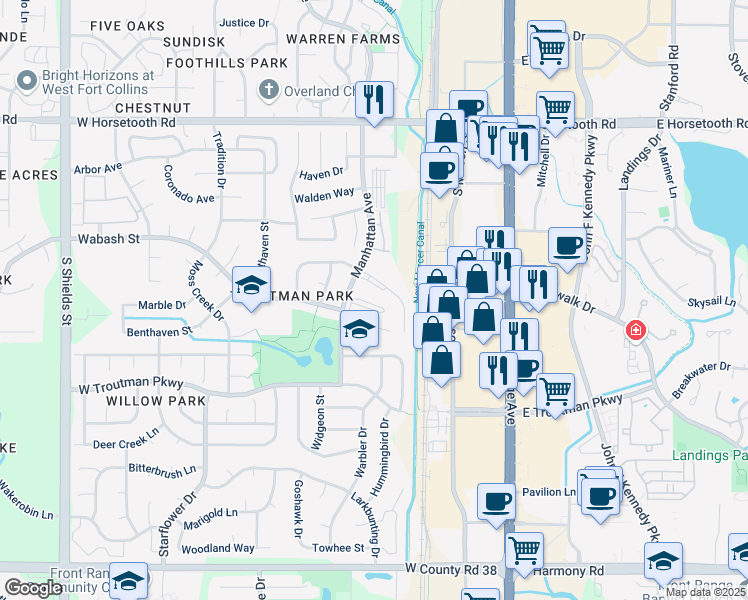 map of restaurants, bars, coffee shops, grocery stores, and more near 352 Albion Way in Fort Collins
