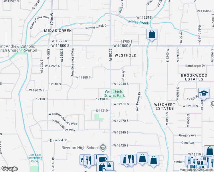 map of restaurants, bars, coffee shops, grocery stores, and more near 12033 South 2740 West in Riverton