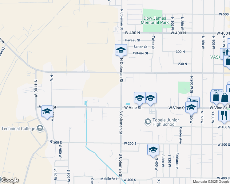 map of restaurants, bars, coffee shops, grocery stores, and more near 99 North Coleman Street in Tooele
