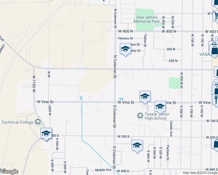 map of restaurants, bars, coffee shops, grocery stores, and more near 99 North Coleman Street in Tooele