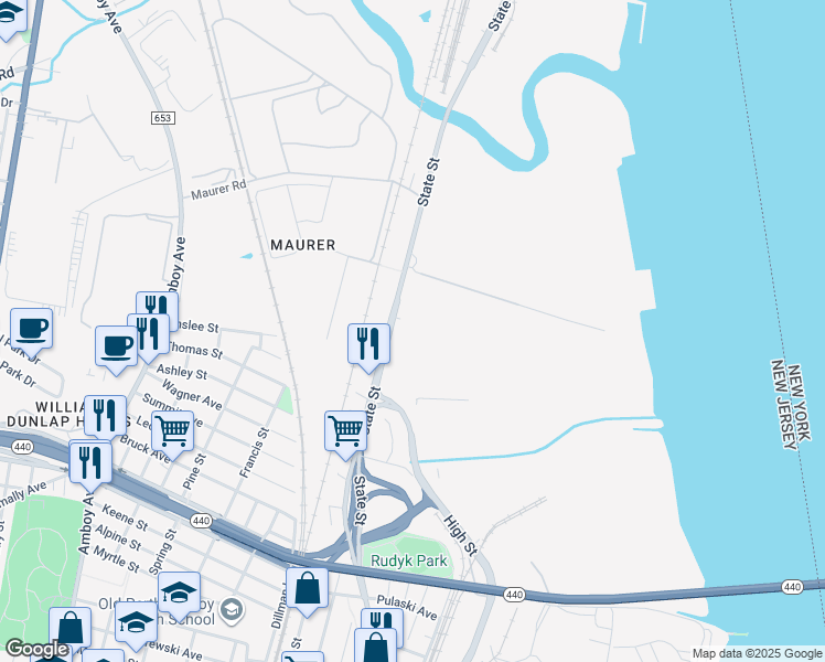 map of restaurants, bars, coffee shops, grocery stores, and more near 1160 State Street in Perth Amboy