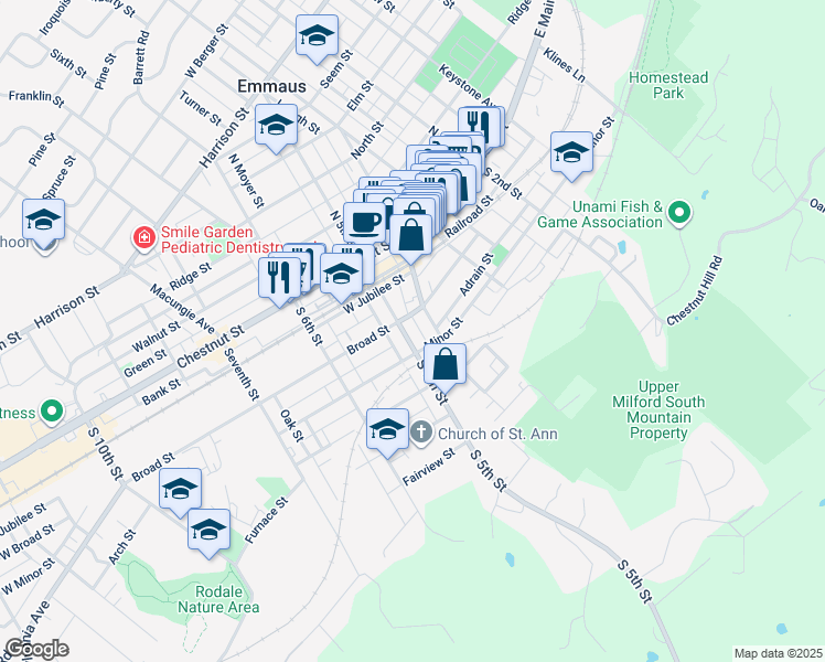 map of restaurants, bars, coffee shops, grocery stores, and more near 41 South 5th Street in Emmaus