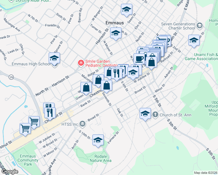 map of restaurants, bars, coffee shops, grocery stores, and more near 643 Green Street in Emmaus