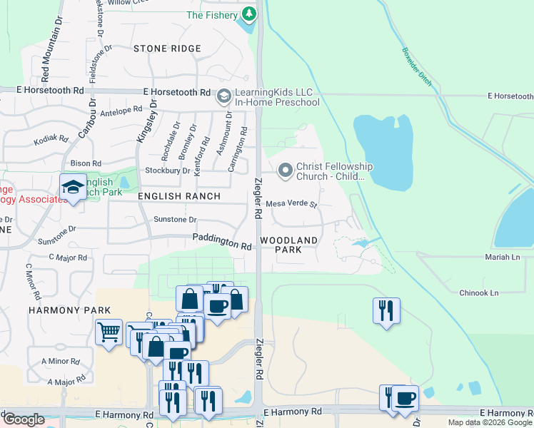 map of restaurants, bars, coffee shops, grocery stores, and more near 3108 Mesa Verde Street in Fort Collins