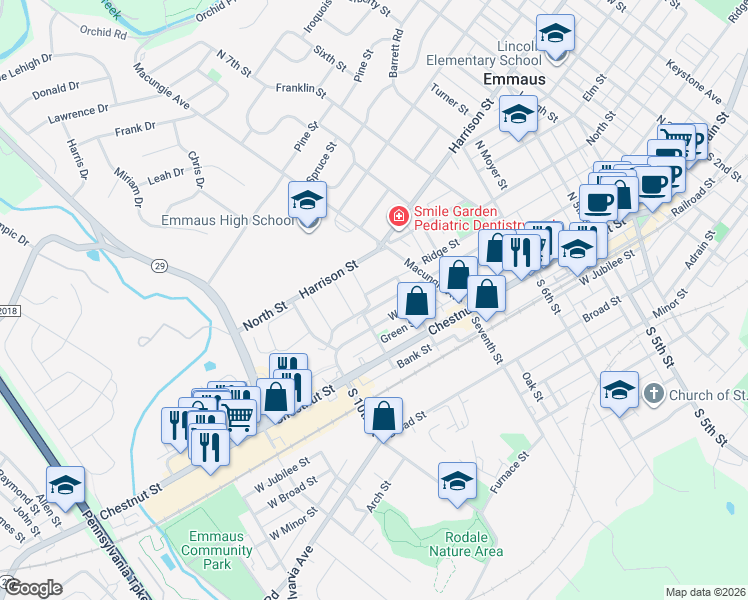 map of restaurants, bars, coffee shops, grocery stores, and more near 828 Ridge Street in Emmaus