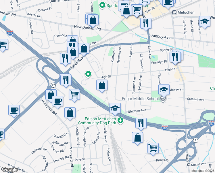 map of restaurants, bars, coffee shops, grocery stores, and more near 231 High Street in Metuchen