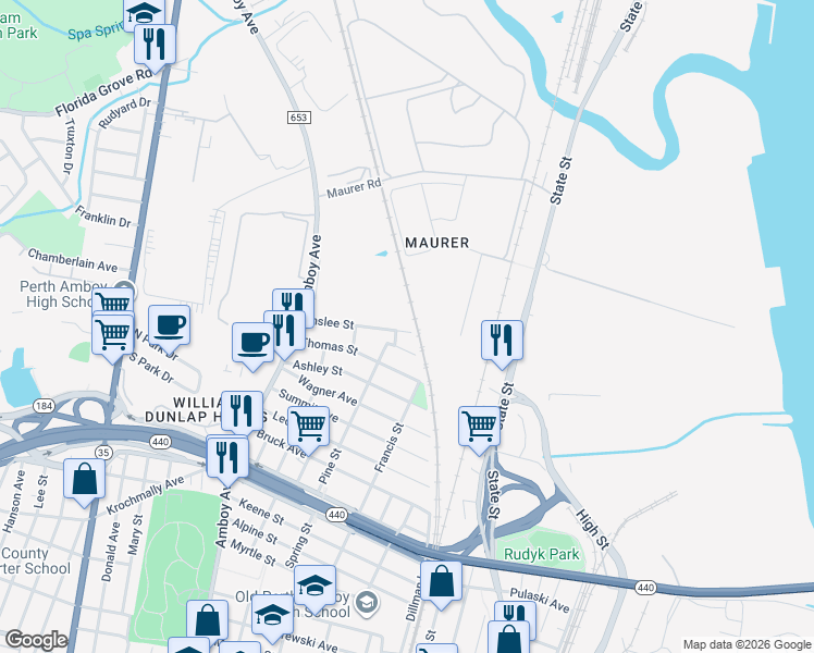 map of restaurants, bars, coffee shops, grocery stores, and more near 364 Inslee Street in Perth Amboy