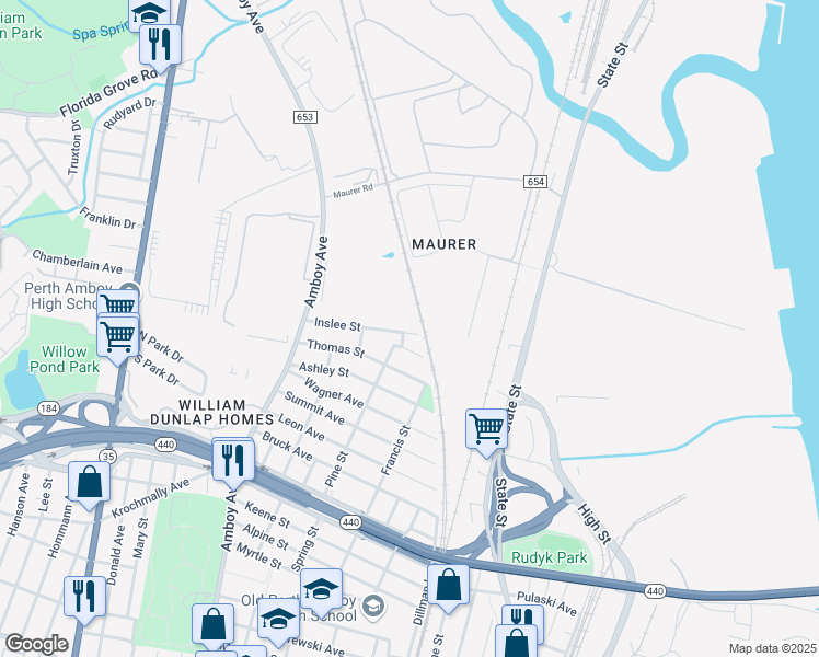 map of restaurants, bars, coffee shops, grocery stores, and more near 368 Inslee Street in Perth Amboy