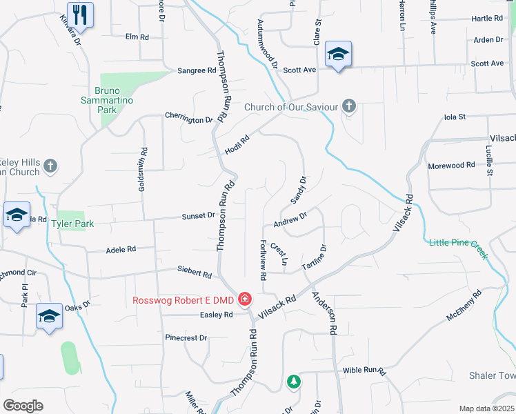 map of restaurants, bars, coffee shops, grocery stores, and more near 101 Crestline Road in Glenshaw