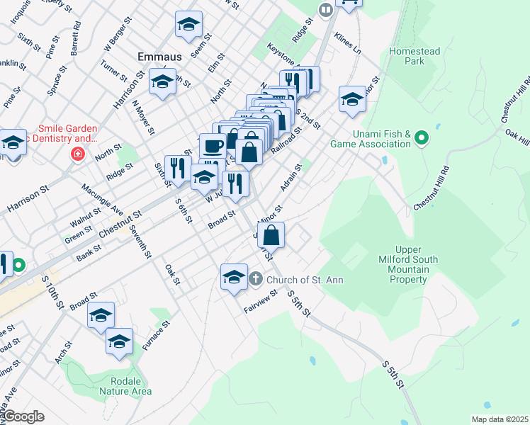 map of restaurants, bars, coffee shops, grocery stores, and more near South Fourth Street in Emmaus