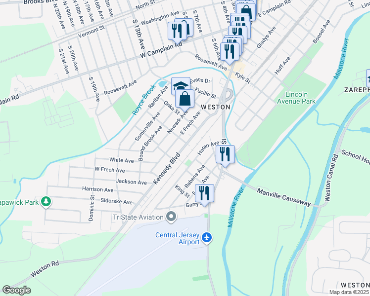 map of restaurants, bars, coffee shops, grocery stores, and more near 8 Czaplicki Street in Manville