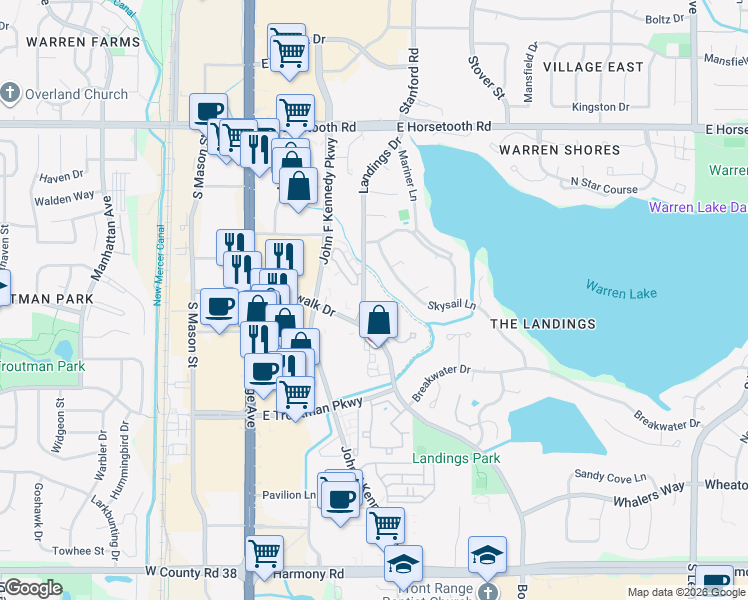 map of restaurants, bars, coffee shops, grocery stores, and more near 338 High Pointe Drive in Fort Collins
