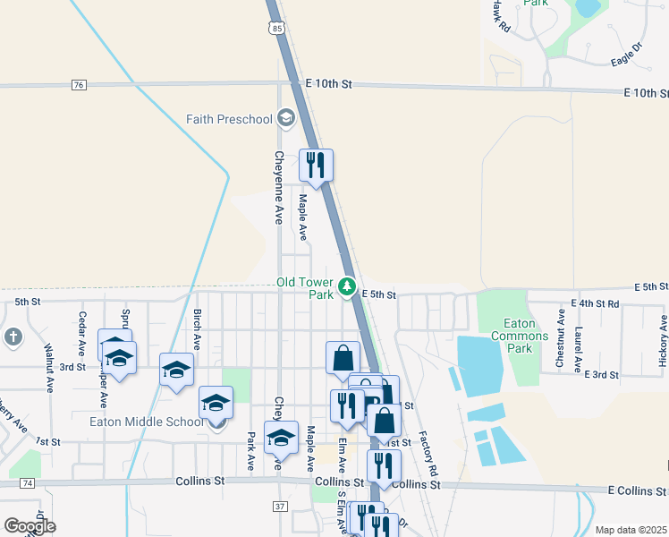 map of restaurants, bars, coffee shops, grocery stores, and more near 600 Oak Avenue in Eaton