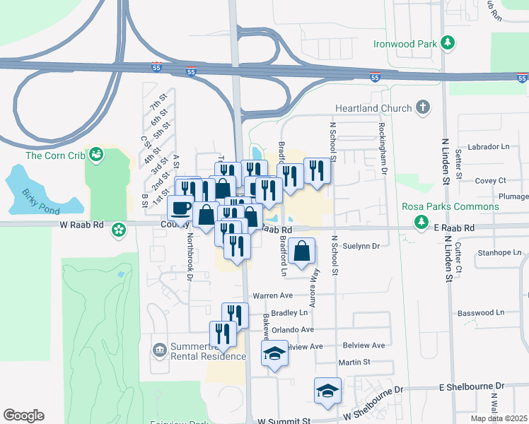 map of restaurants, bars, coffee shops, grocery stores, and more near 1715 Bradford Lane in Normal