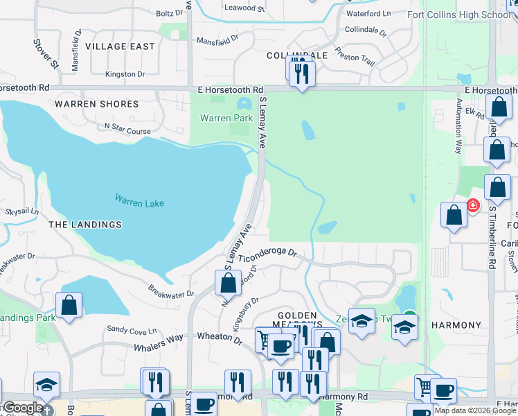 map of restaurants, bars, coffee shops, grocery stores, and more near 3901 Harbor Walk Lane in Fort Collins