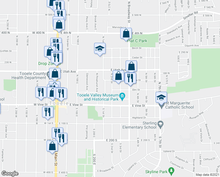 map of restaurants, bars, coffee shops, grocery stores, and more near 140 1st Street in Tooele