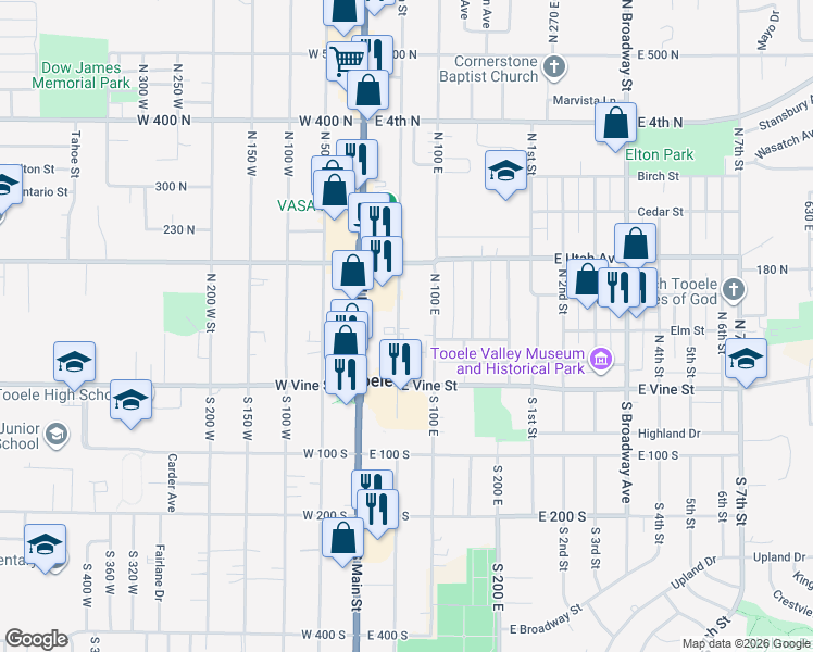 map of restaurants, bars, coffee shops, grocery stores, and more near 139 North 100 East in Tooele