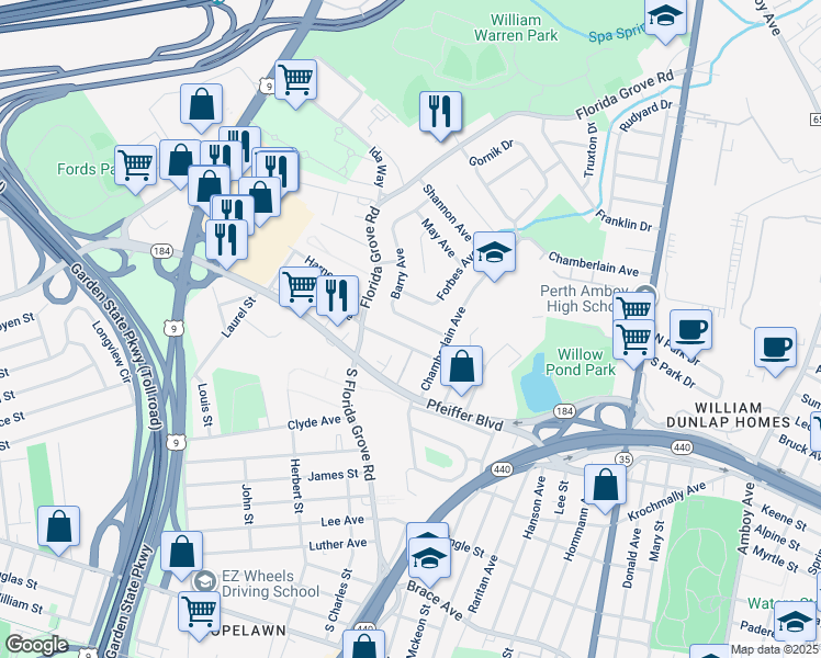 map of restaurants, bars, coffee shops, grocery stores, and more near 780 Barry Avenue in Perth Amboy