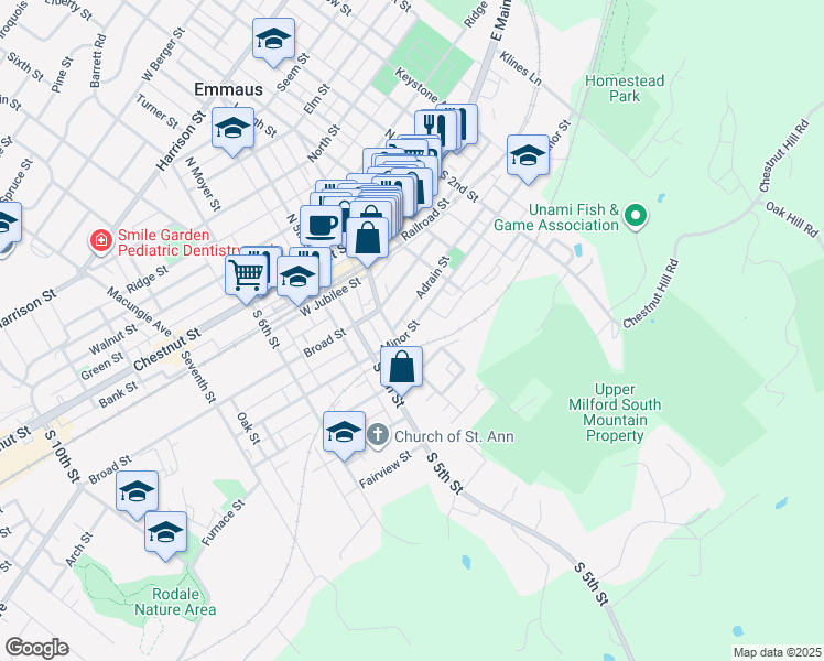 map of restaurants, bars, coffee shops, grocery stores, and more near 368 Minor Street in Emmaus
