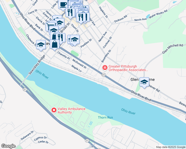 map of restaurants, bars, coffee shops, grocery stores, and more near 824 Ohio River Boulevard in Sewickley